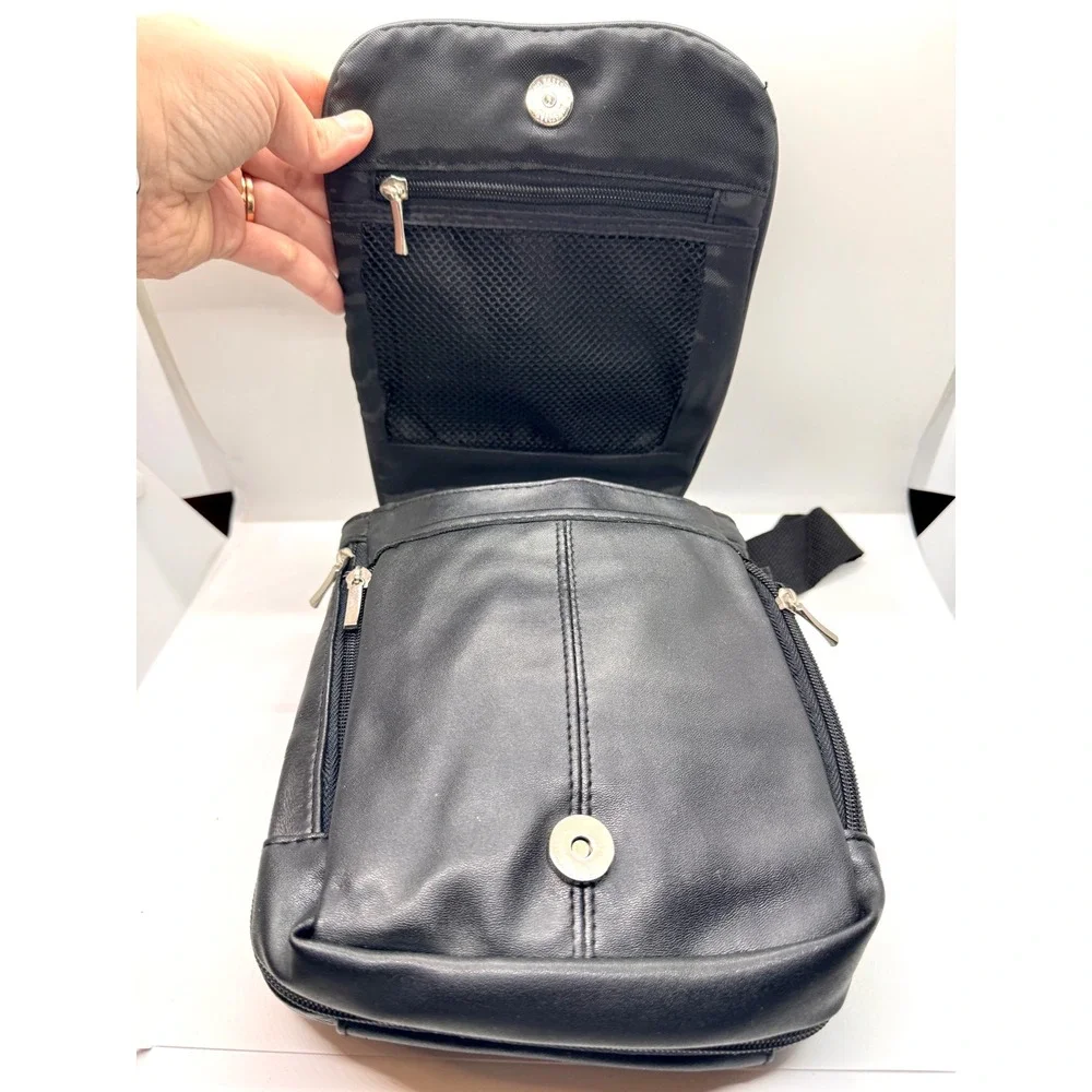 Black Leather Crossbody Sling Bag‎ Multi Pocket Utility Messenger Travel Bag